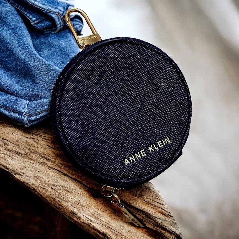 Anne Klein Navy Blue Round Coin Purse‎ With Gold-Tone Hardware & Zipper Closure